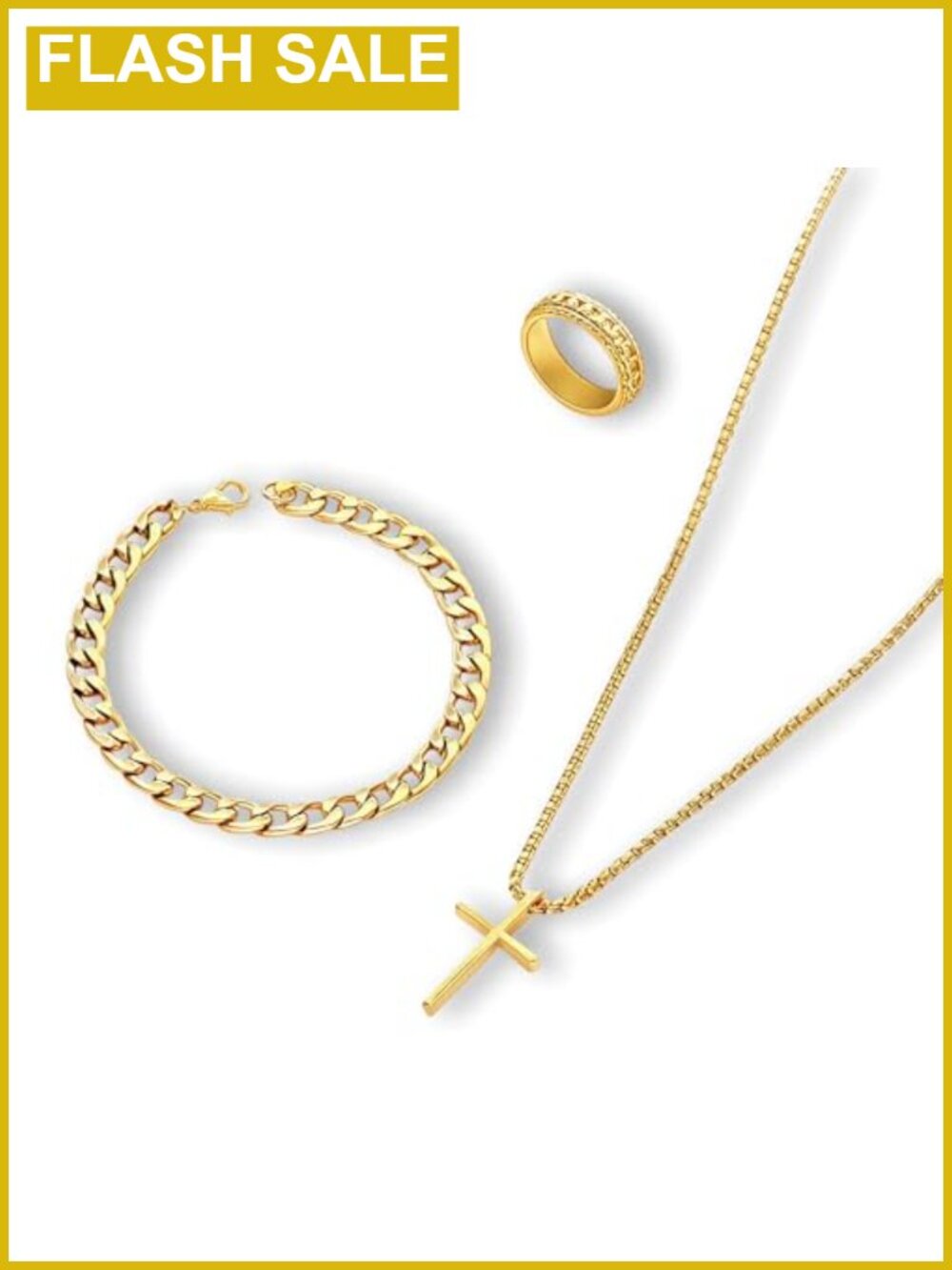 3-Piece Cross Pendant Necklace Bracelet Ring Jewelry Set Box Link Hip Hop